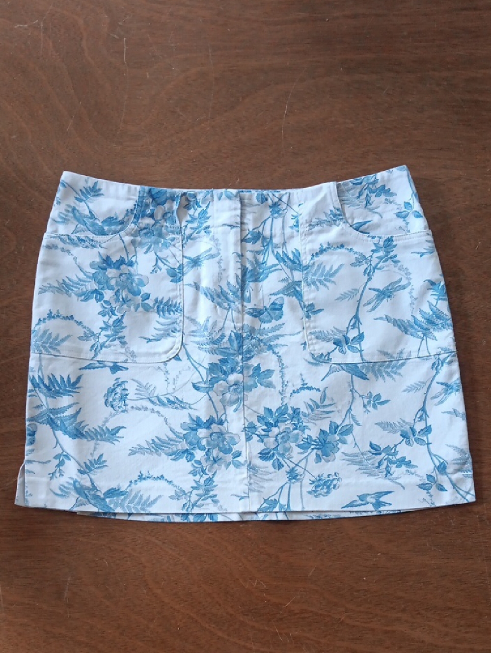 Express Juniors Blue & White Toile Floral Bird Print Cotton Blend Mini Skirt 7/8